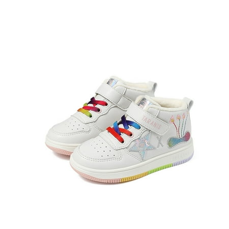

TARANIS Toddler Kids Plush Skate Shoes Leather Star Patch Embroidery Pattern High Top Hook-and-loop Fastener Sneakers For Winter