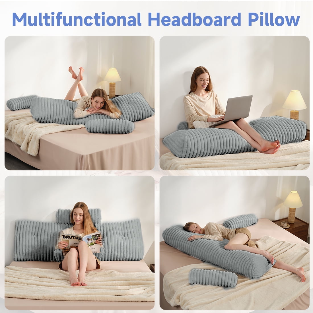 Z-Hom Full Faux Fur Large Backrest Wedge Pillow with Side Pockets, Triangular Headboard Pillow Bed Rest Reading Pillow with 2 Neck Roll Pillow(Gray, 54"x20"x8")