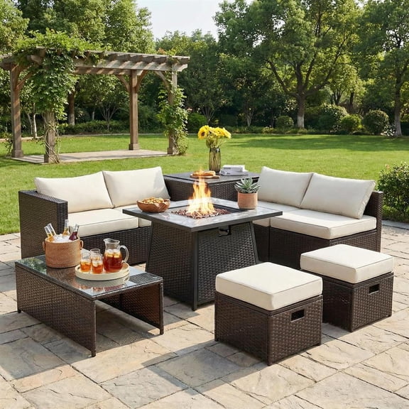 Topcobe 9 Pieces Patio PE Wicker Sectional Set with 50000 BTU Fire Pit Table, Outdoor Patio Furniture for Garden Backyard-Off White