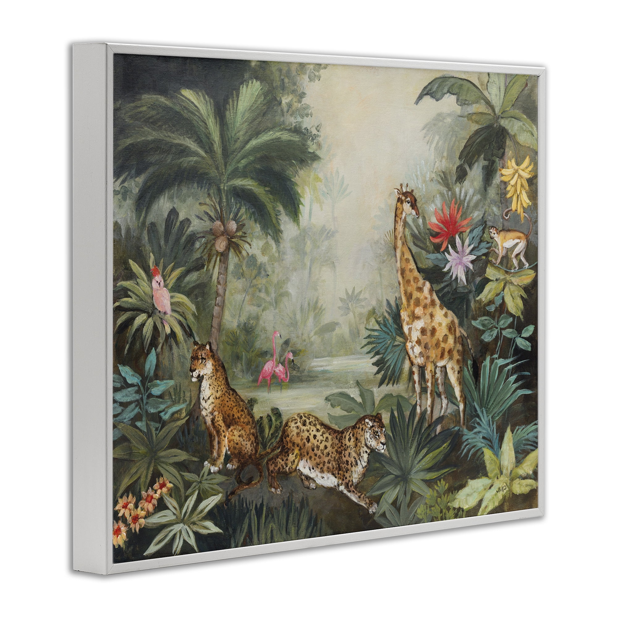 Stupell Industries Tropical Animals in Jungle Landscape Painting White Framed Art Print Wall Art, 20 x 16