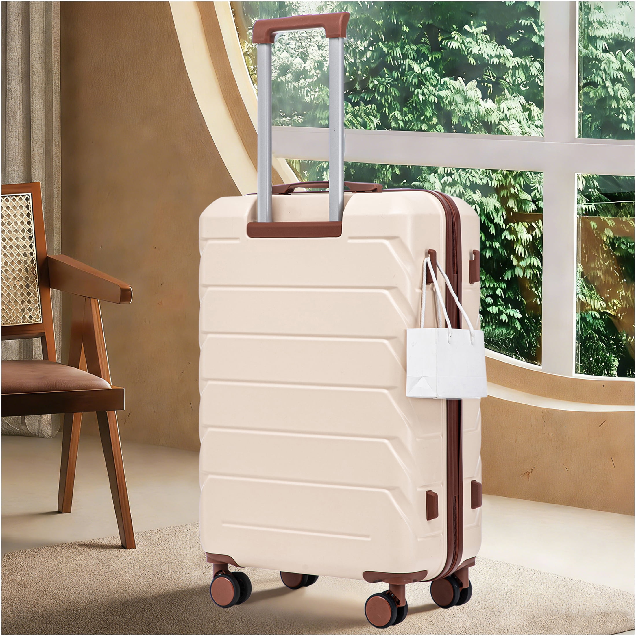 JERFIT 28 Inch Checked Luggage with Spinner Wheels, ABS Hard Shell Suitcase, TSA Lock, Beige Large Travel Suitcase