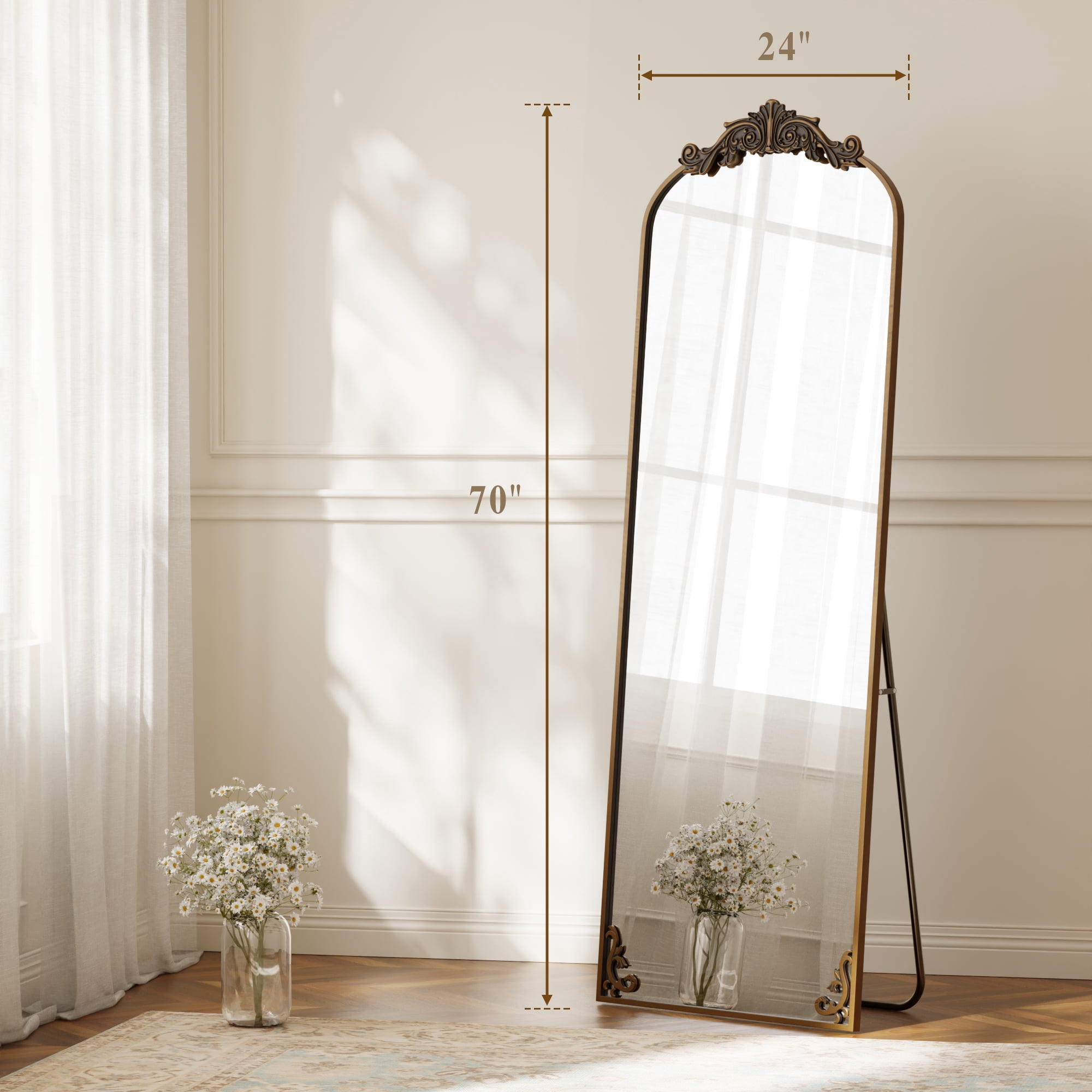 ‌Auromir‌ 24"x70" Vintage Arched Full Length Mirror Antique Metal Floor Mirror with Baroque Style, Antique Bronze