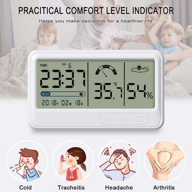 Amdohai Comfort Temperature and Humidity Clock Digital Hygrometer Indoor Thermometer Humidity Monitor Calendar Smart Home with LCD Screen