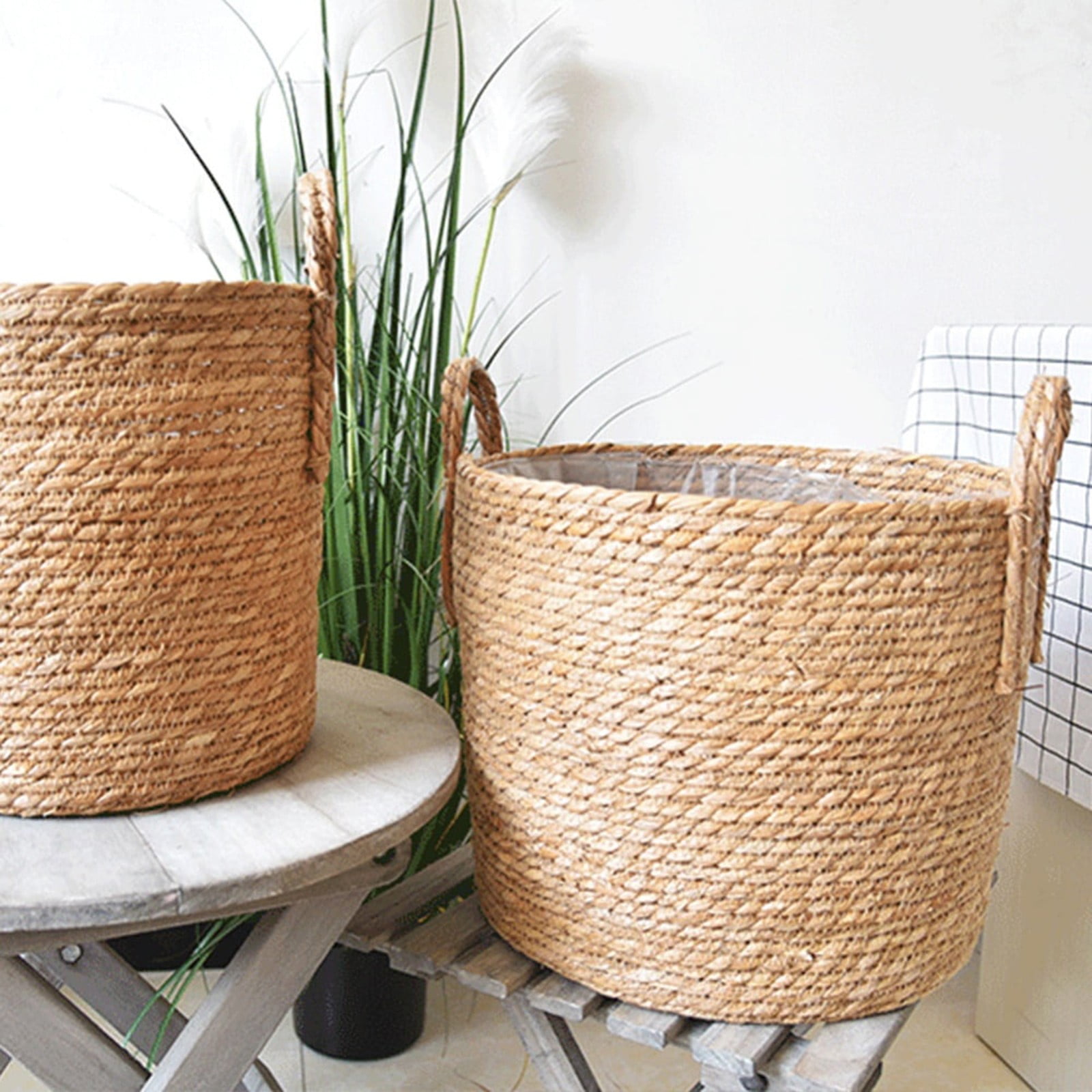 Woven Straw Flower Pot With Plastic Liner, Seagrass Planters Basket, Garden Plant Pot Containers Wicker Rattan Vase Sundries Organizer Storage Bins for Indoor Outdoor Plants Vintage Decor, 9.84x7.87"