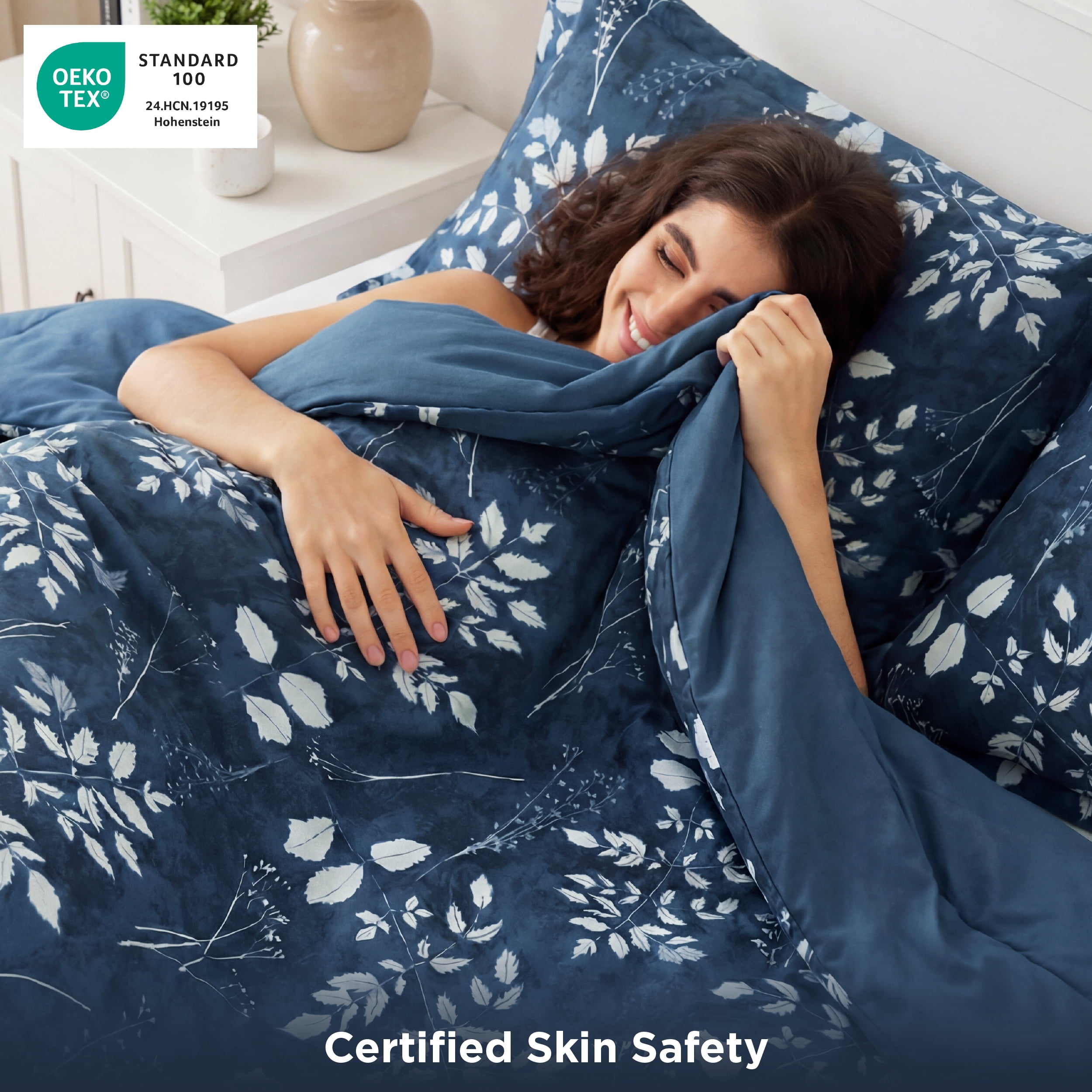 U by Bedsure Queen Comforter Set Navy, Bed in a Bag Queen Size Bedding, 7-Pieces Botanical Flowers Spring Comforter, Sheets, Pillowcases & Shams