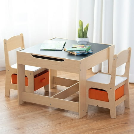 Gymax Children Kids Table Chairs Set With Storage Boxes Blackboard Whiteboard Drawing
