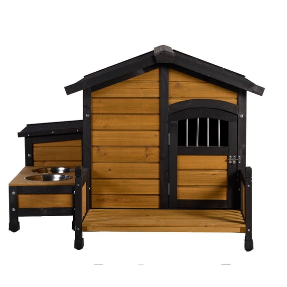Large Wooden Dog House with Storage Box and Feeding Station, Outdoor Pet Kennel with Asphalt Roof, Porch, and Lockable Door Weatherproof Fir Wood Dog Home for Small to Medium Dogs