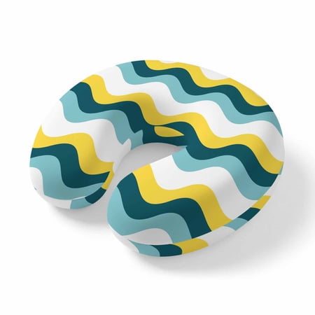 Travel Pillows U Shape Memory Foam Green Waves Stripes Plane Neck Pillows Head Support Comfort Portable Nautical Ocean Striped Headrest Neck Pillow for Airplane Car Office Home Chair Sleeping Rest