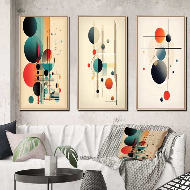 Designart "Vintage Abstract Desire in Knowing IV" Modern Geometric Framed Wall Art Set Of 3 - Blue Abstract Frame Canvas Set For Living Room Decor