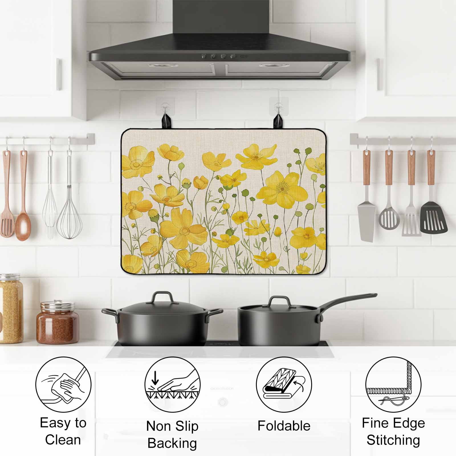 Yellow Daisy Stove Top Cover for Electric Stove, Heat-proof & Non Slip Glass Top Stove Cover Protector, Rustic Spring Floral Summer Botanical Kitchen Flat Cooktop Rubber Mat 24x21 Inches