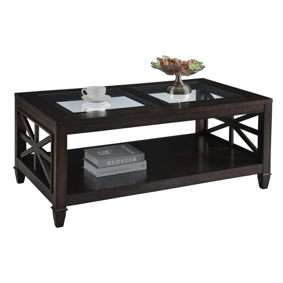 JESONVID Farmhouse Coffee Table Tempered Glass Top, 2-Tier 45.5" X 26" Solid Wood Rectangular Living Room Table with Large Storage Shelf Industrail Vintage Walnut Center Tables for Home Office