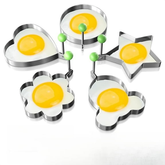 WZW 5 Pcs Pancake Mold Set – Stainless Steel Pancake Molds for Griddle with Fun Shapes, Comfortable Handles, and Non-Slip Design – Egg Shaper for Frying Pan With Silicone Brush for Easy Use