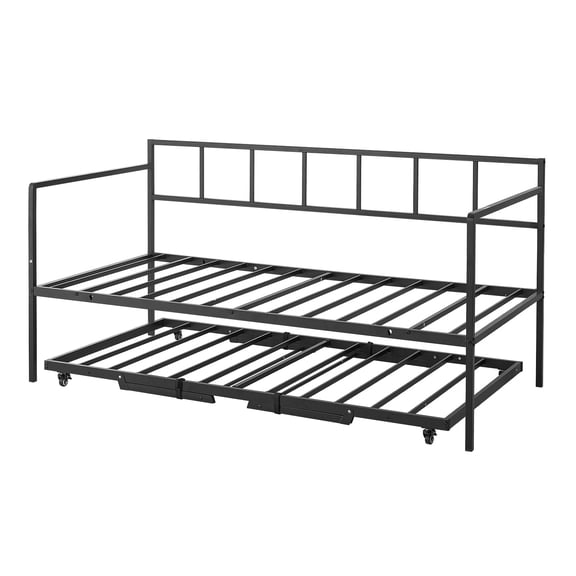 KFFKFF Twin Daybed with Pop-Up Trundle Metal Frame, Ideal for Living Room, Bedroom, or Guest Room, Space-Saving Design, Durable Metal Construction, Lockable Wheels, Simple Assembly, Black