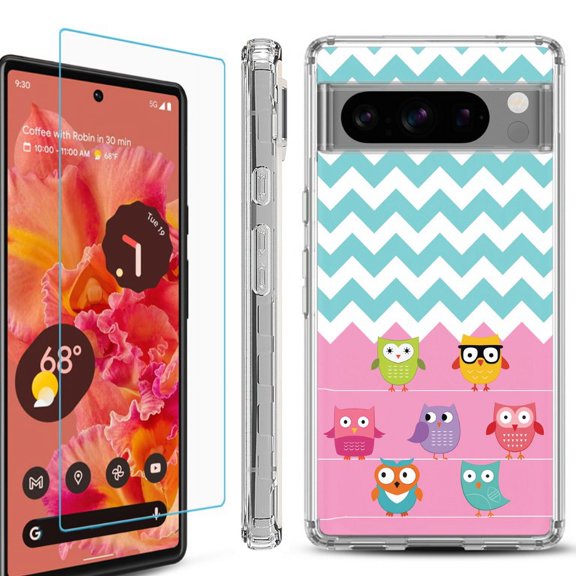 OneToughShield ® Compatible with Google Pixel 8 Pro, Shockproof Phone Case, with Tempered Glass Screen Protector - Chevron/Teal/Owl