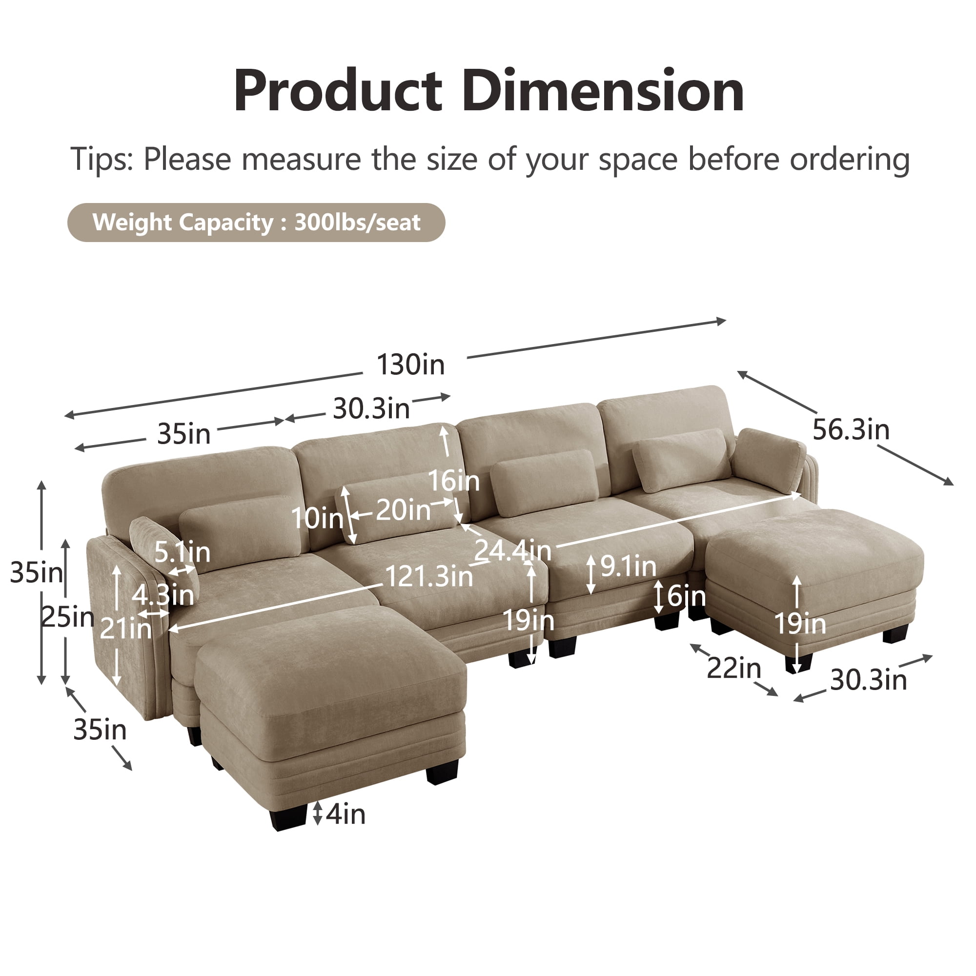 130" U-shaped Tufted Modern Modular Sectional 4 Seater Sofa Couch with 2 Ottomans and 6 Pillows