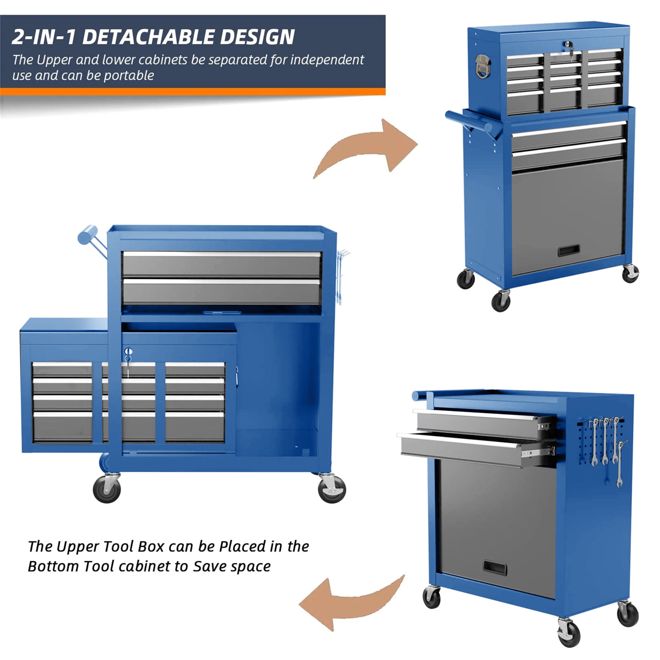 Aukfa Tool Chest, 2 in 1 Steel Rolling Tool Box & Cabinet on Wheels for Garage, 8-Drawers, Blue&Gray