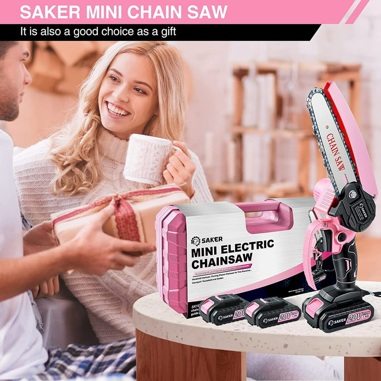 Saker Mini Chainsaw, 4Inch Portable Electric Chainsaw Cordless  Pink,Handheld Chain Saw Pruning Shears Chainsaw for Tree Branches,Household  and Garden(SAKER MINI CHAINSAW PINK + 2 BATTERIES + 3 CHAINS) 