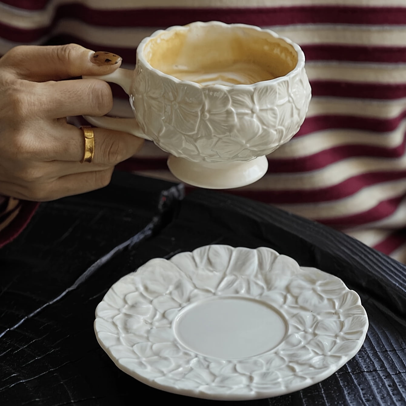 French Vintage Cream Embossed Floral Highball Coffee Cup and Saucer Set - Afternoon Tea Latte Art Cup - A unique gift choice, reusable ceramic, hand wash only, perfect for espresso, cappuccino and ot