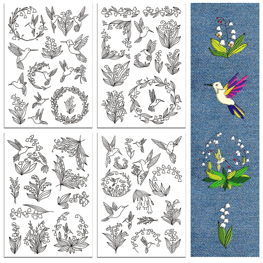 Water Soluble Embroidery Patterns for Beginners 4 Sheets with 50pcs Lily of The Valley Patterns Hummingbird Wash Away Embroidery Pattern Stabilizer