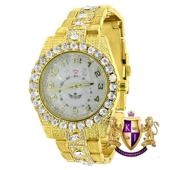 Mother Pearl Dial Solitaire Men's 14K Gold Finish Simulated Diamond Water Resistance Steel Back Watch 45MM