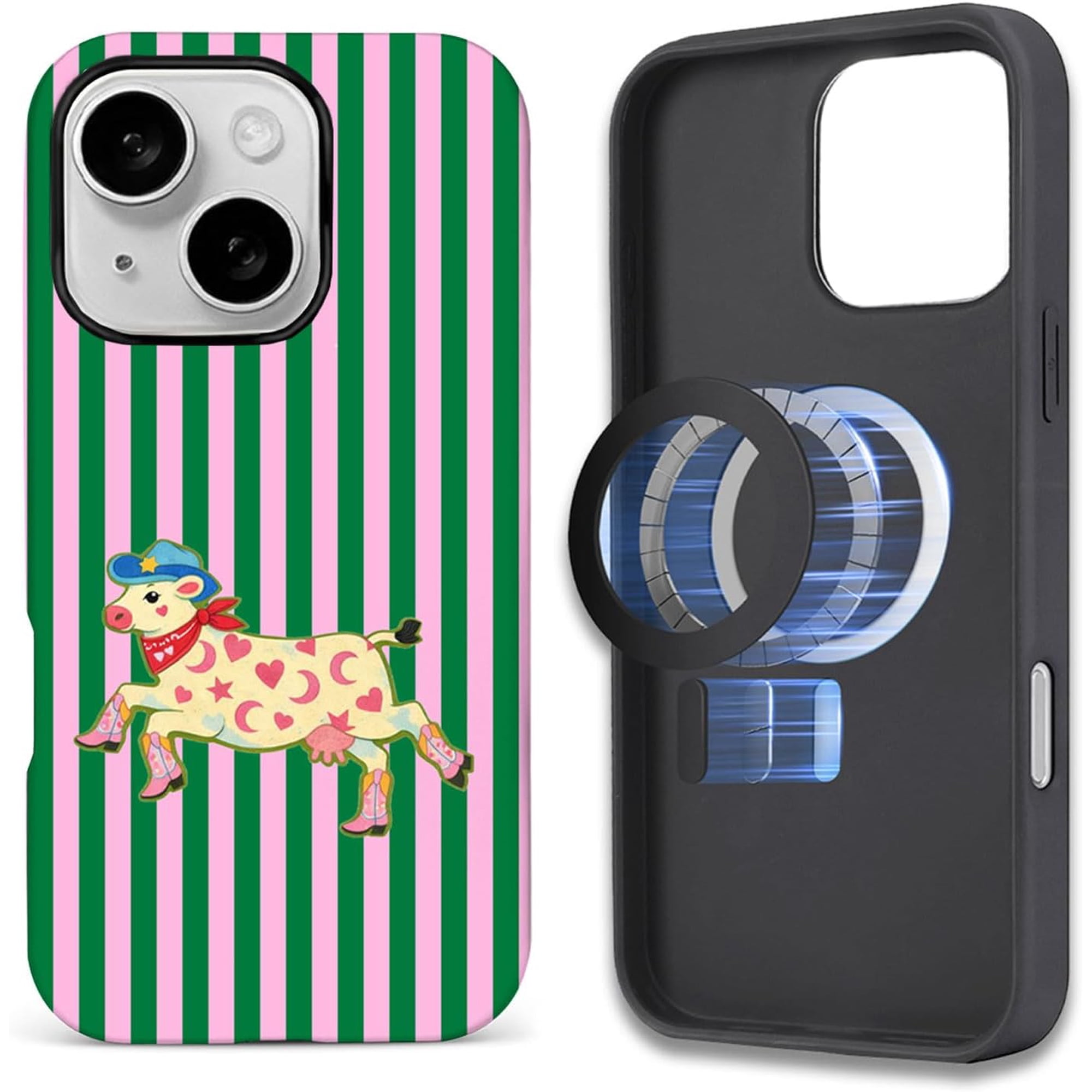 Case for iPhone 15 Plus Shockproof Slim Phone Case Scratch Resistant Hybrid Double Layer Hard Shell Retro Pink Green Stripe Cow Pattern Pattern Design