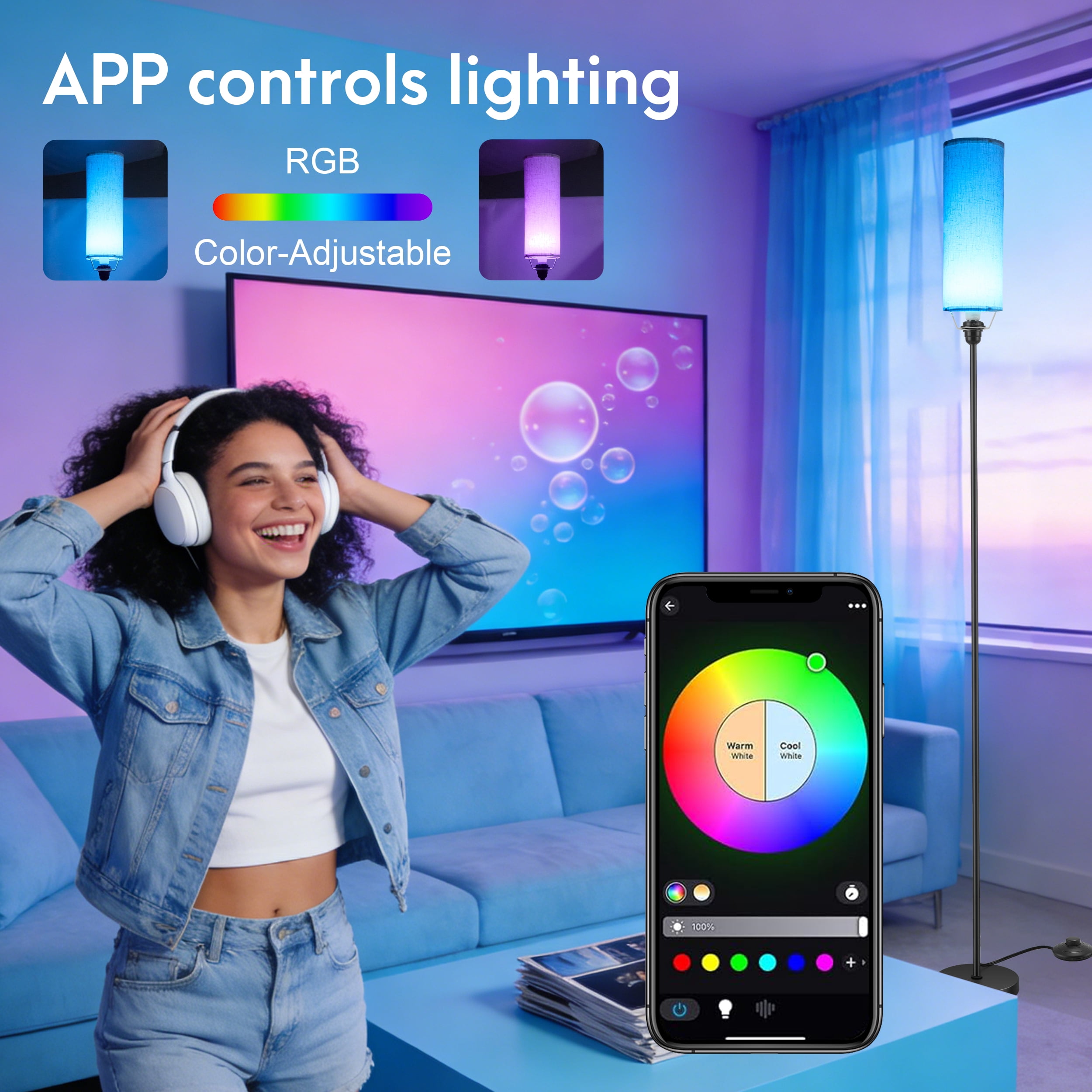 RELOIVE LED Floor Lamp,68.1” Dimmable Standing Tall Lamp with APP Control & RGB Colors,9W 800LM LED Bulb Included,for Bedroom, Office, Kids & Living Room