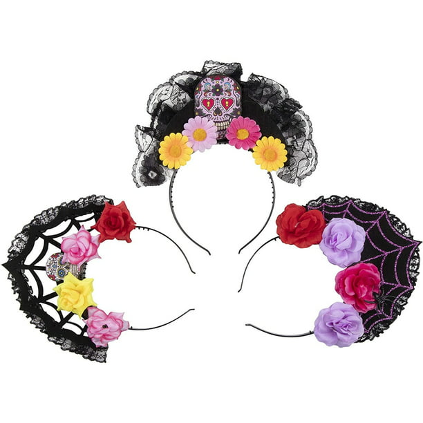 walmart.com | 3 Pack Black Lace Day of The Dead Headbands, Halloween Crown Hair Accessories in Skull, Spider Web