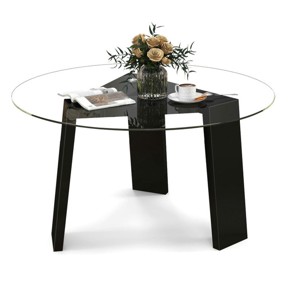 Finihen Coffee Table, Glass Coffee Table, 29.5 Inch Round Glass Coffee Table with Solid Rubber Wood Legs, for Living Room Home Office Small Space, Black Finihen Coffee Table, Glass Coffee Table, 29.5 Inch Round Glass Coffee Table with Solid Rubber Wood Legs, for Living Room Home Office Small Space, Black
