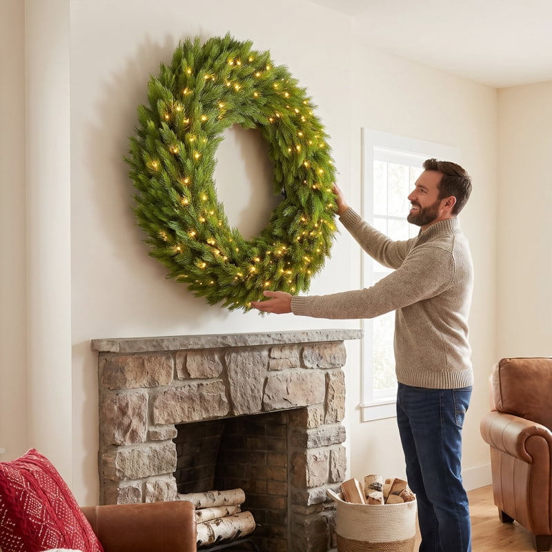 Alvantor Christmas Wreath Pre-Lit Norwegian Spruce with 150 LED Lights for Door 48"x48"x7" Green