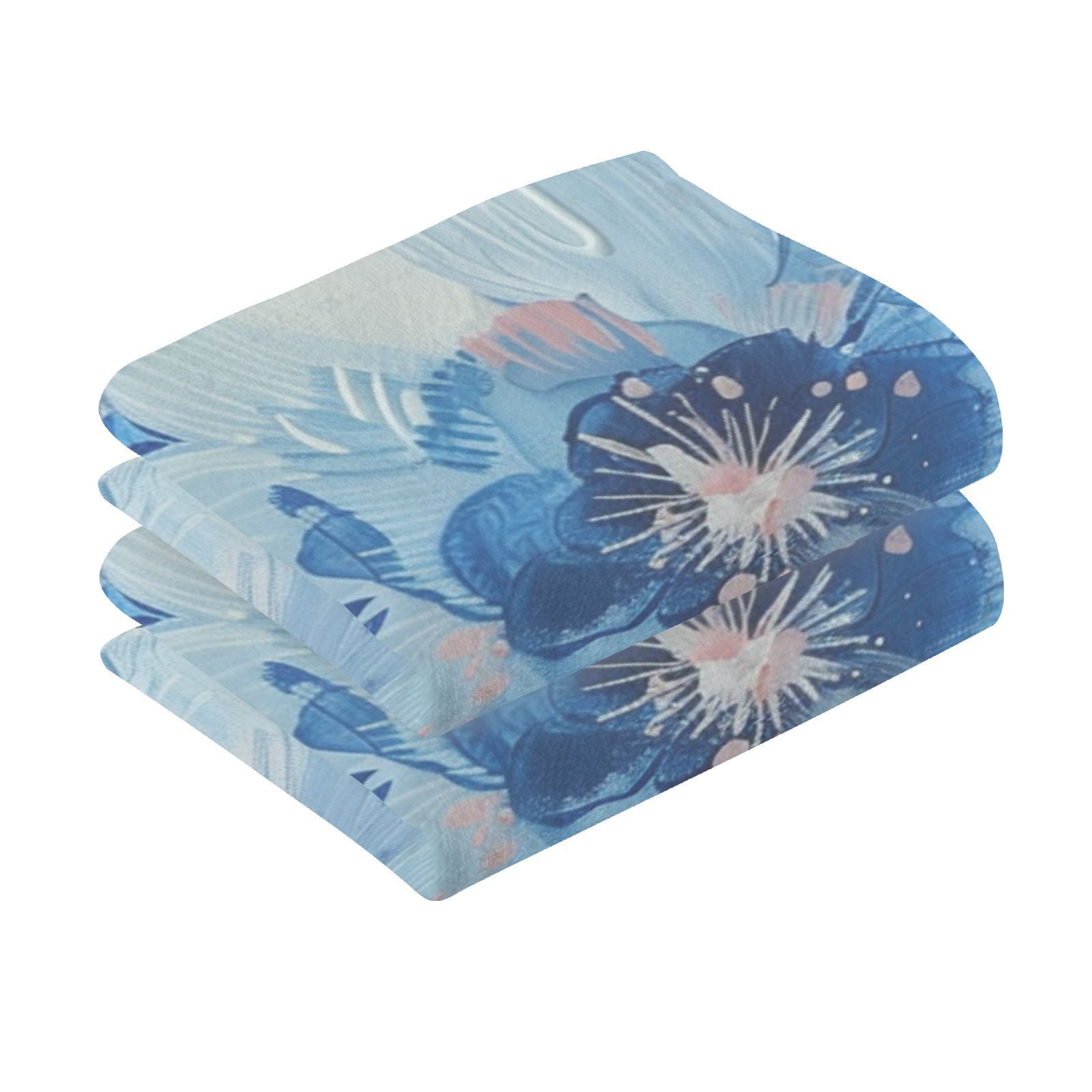 Blue Floral Hand Towels Cotton Bath Towels Large Face Towels Absorbent for Bathroom 2 Packs