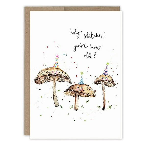 Whimsical Birthday Card – "Holy Shitake! You're How Old?" Funny Mushroom Design – Perfect for Friends & Family – Blank Inside, Envelope Included