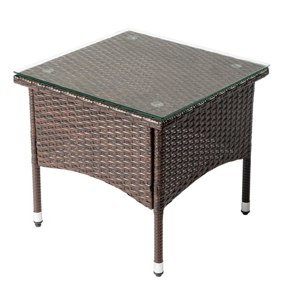 20" Outdoor Patio Side Table - All-Weather Wicker End Table w/Glass Top for Deck, Porch, Poolside - Brown Rattan Coffee Table