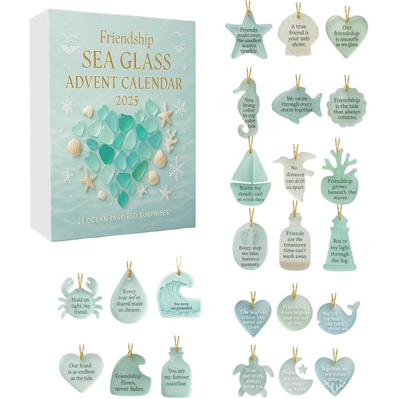 Christmas Sea Glass Advent Calendar 2025 New Friendship Sea Glass Advent Calendar 24 Day Ocean Inspired Holiday Countdown with Best Wishes Christmas Decoration Crafts Gift for Your Best Friends