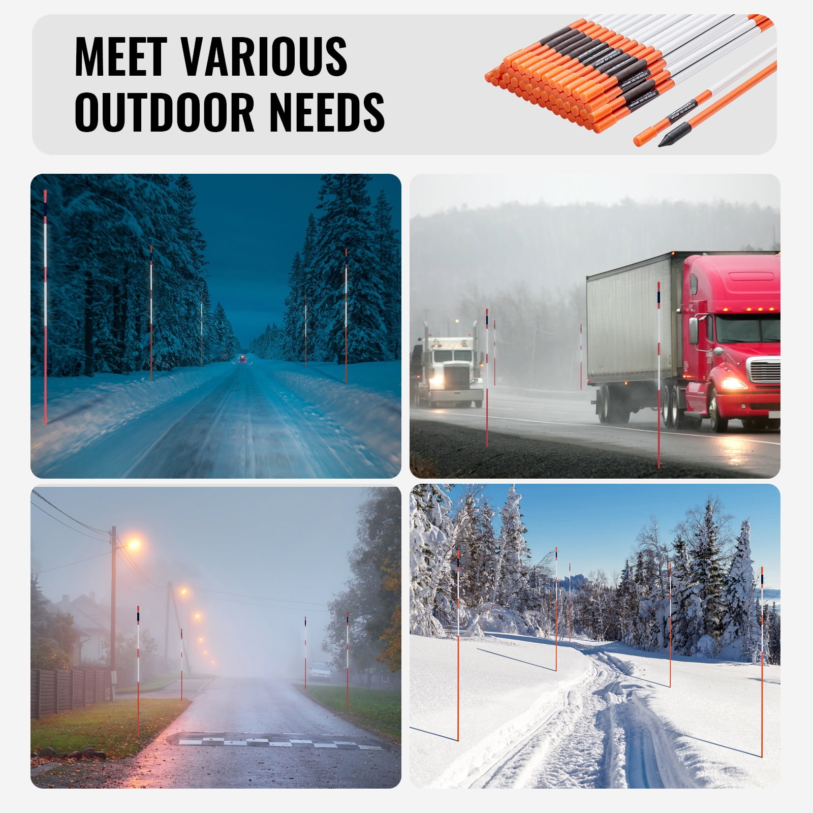 KFFKFF 50 Packs of 48inch Reflective Driveway Markers,  Snow Stakes for Driveway, 0.32" Fiberglass Poles, Orange