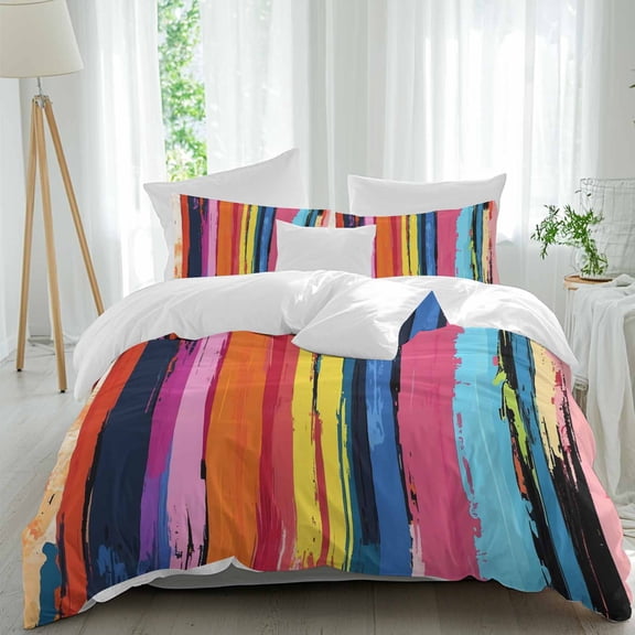 3 Piece Colorful Striped Duvet Cover Set Queen Size,Microfiber Comforter/Quilt Cover with Corner Ties and 2 Pillowcases,Modern Rainbow Abstract Graffiti Art All Season Bedding with Zipper Closure