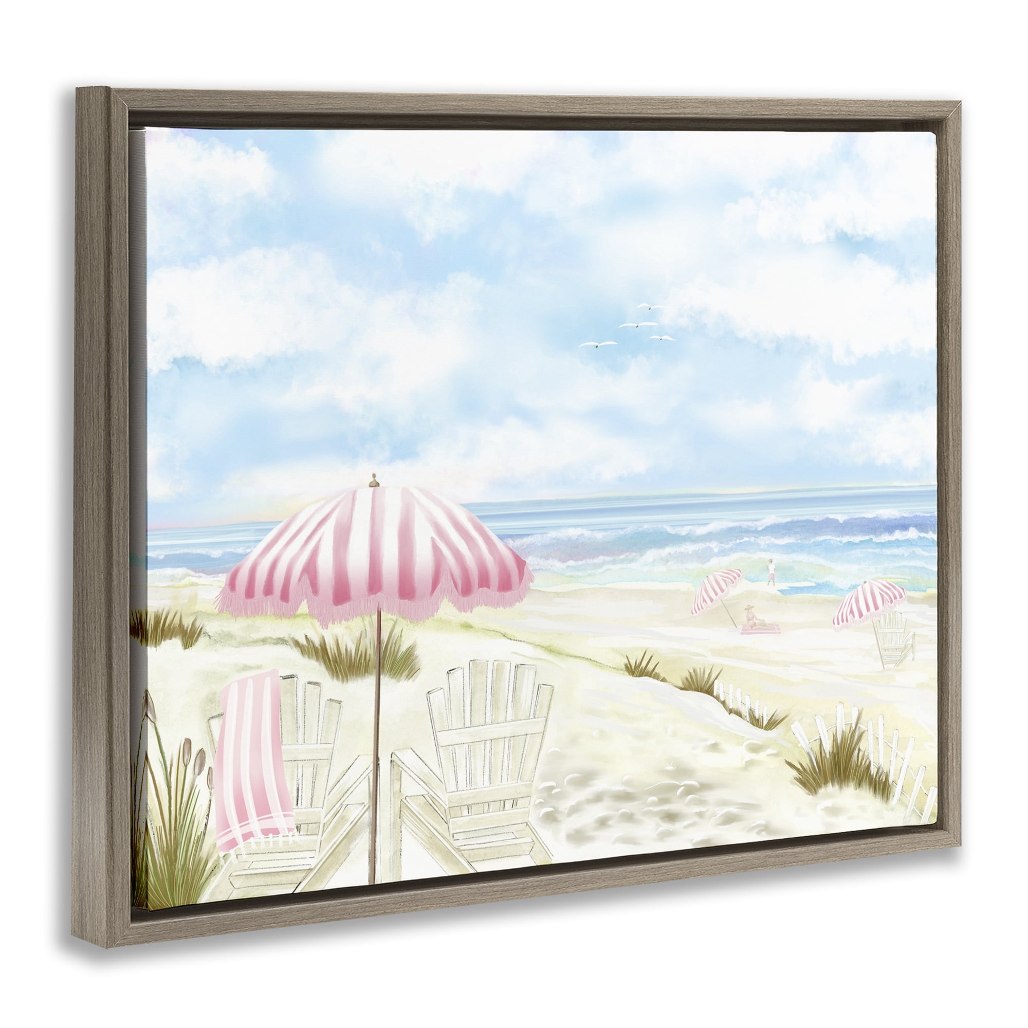 Seascape with Pink Umbrella Brown Framed Floater Canvas Wall Art, design by Lori Mosley