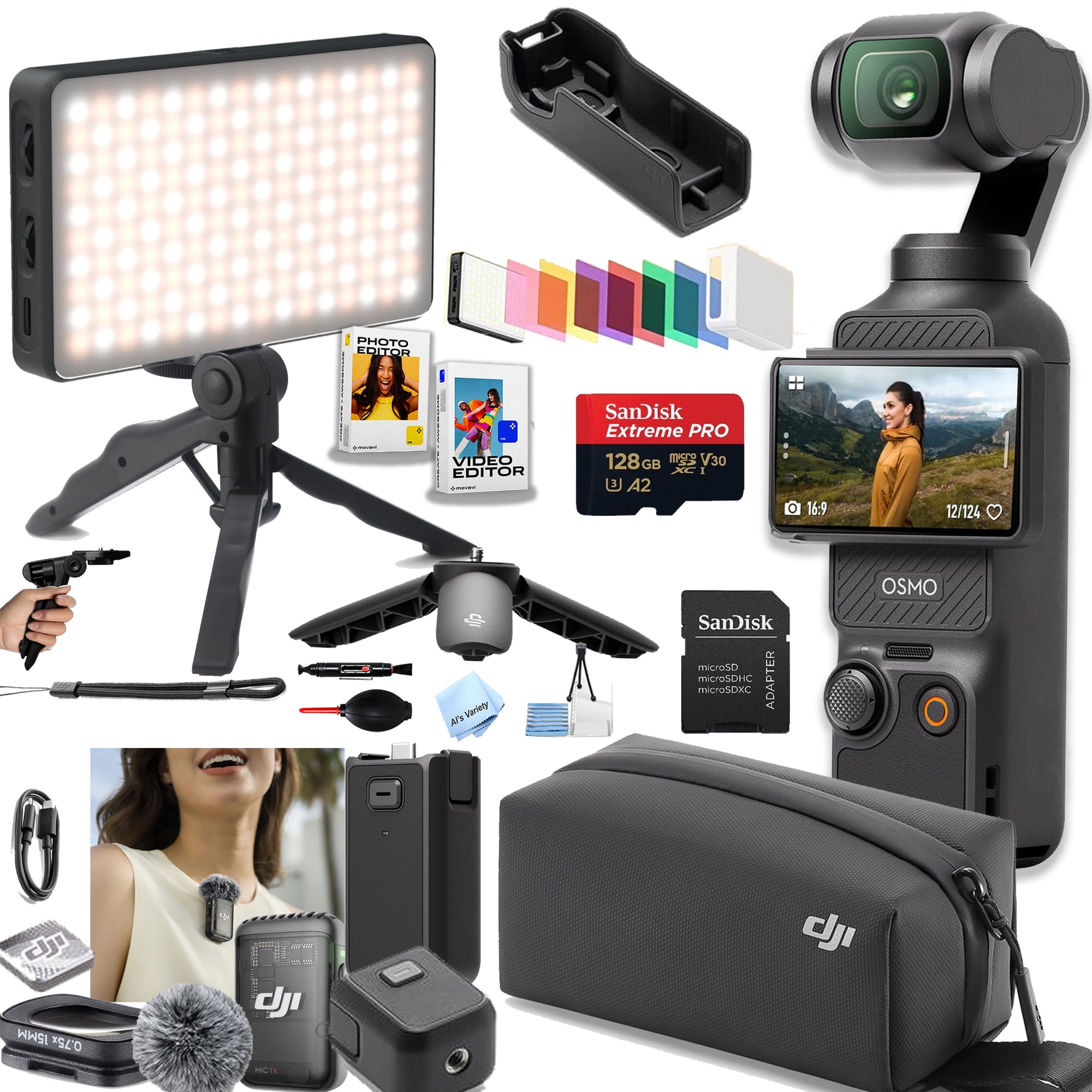 DJI Osmo Pocket 3 Creator Combo, Vlogging Cameras, 4K/120fps Vlog Camera, 3-Axis Stabilization, Face/Object Tracking, Mic Included + 128GB Memory,LED Video Light, Software + More (24pc Bundle)