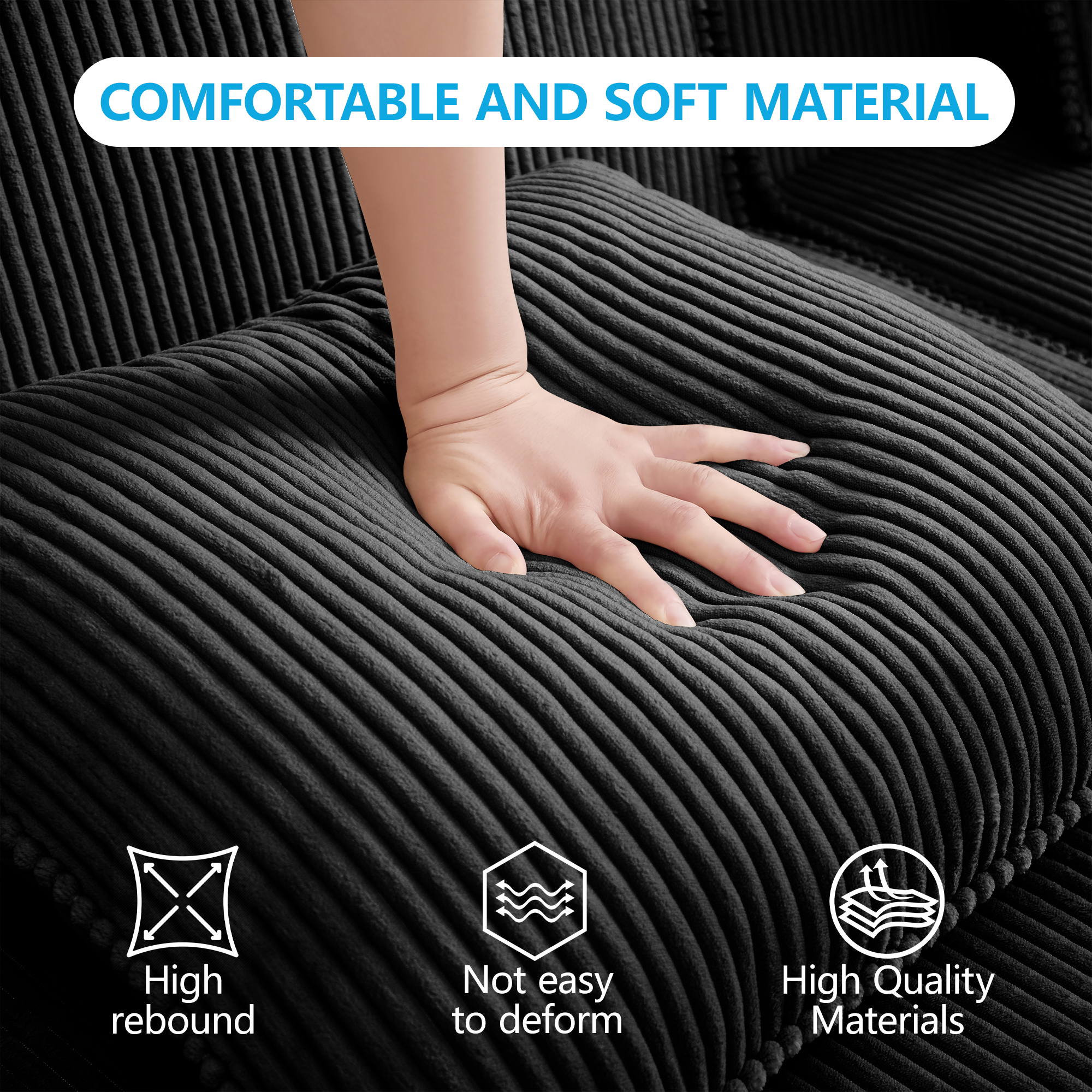 Modular 2 Seat L Shape Sectional Boneless Sofa, Cloud Sectional Couch with Deep Seat, Modern Modular 2-Seat Sofa Couch with Throw Pillows and 1 Movable Ottoman, Corduroy Fabric Black