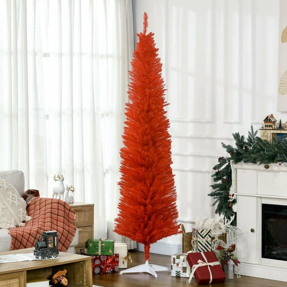 Resenkos 7FT Decorated Slim Artificial Pencil Christmas Tree with 499 Realistic Branch Tips & Plastic Stand, Red