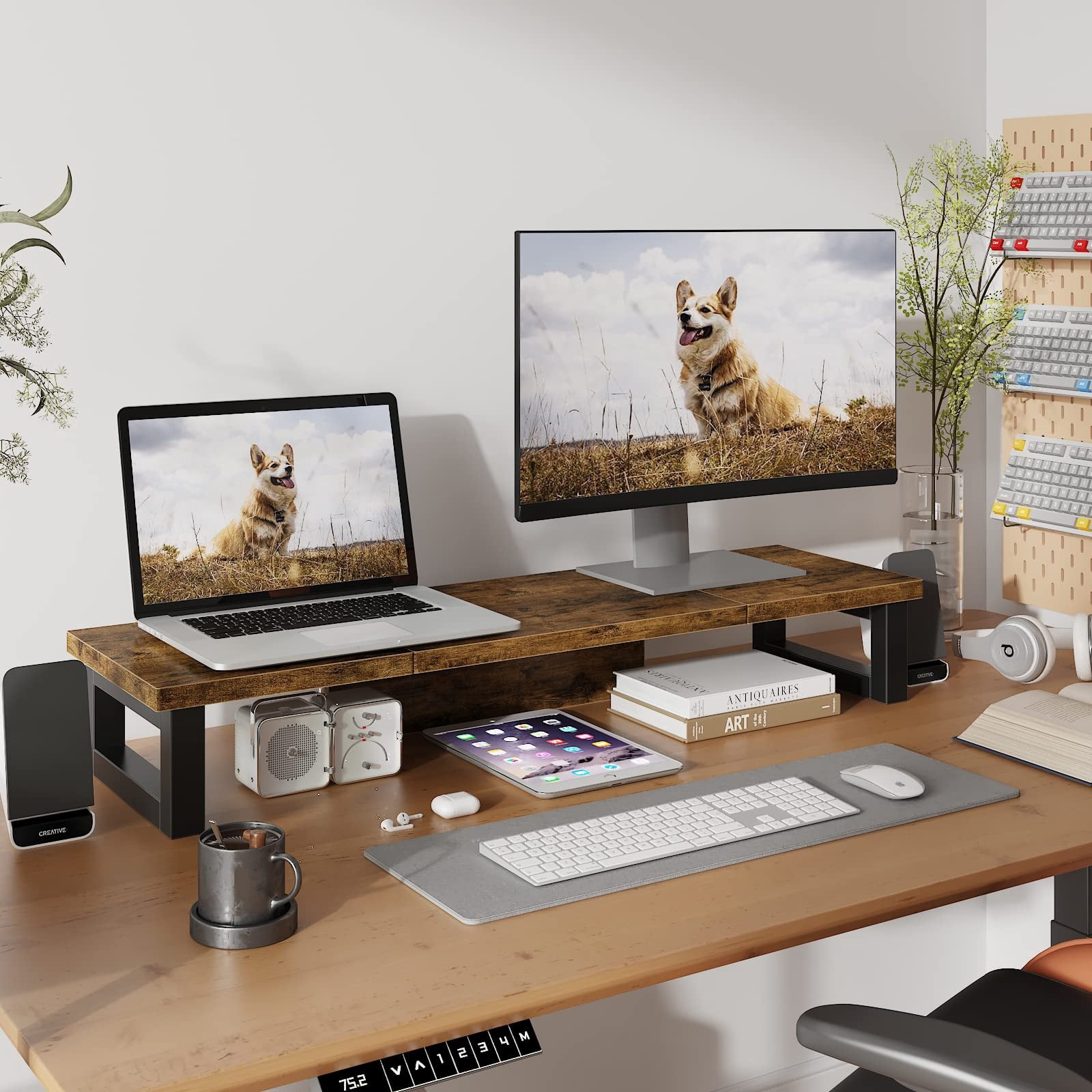 Dual Monitor Stand Riser  Wood And Steel Computer For 2 Monitors Multi-purpose Desktop Storage Laptop Printer Tv