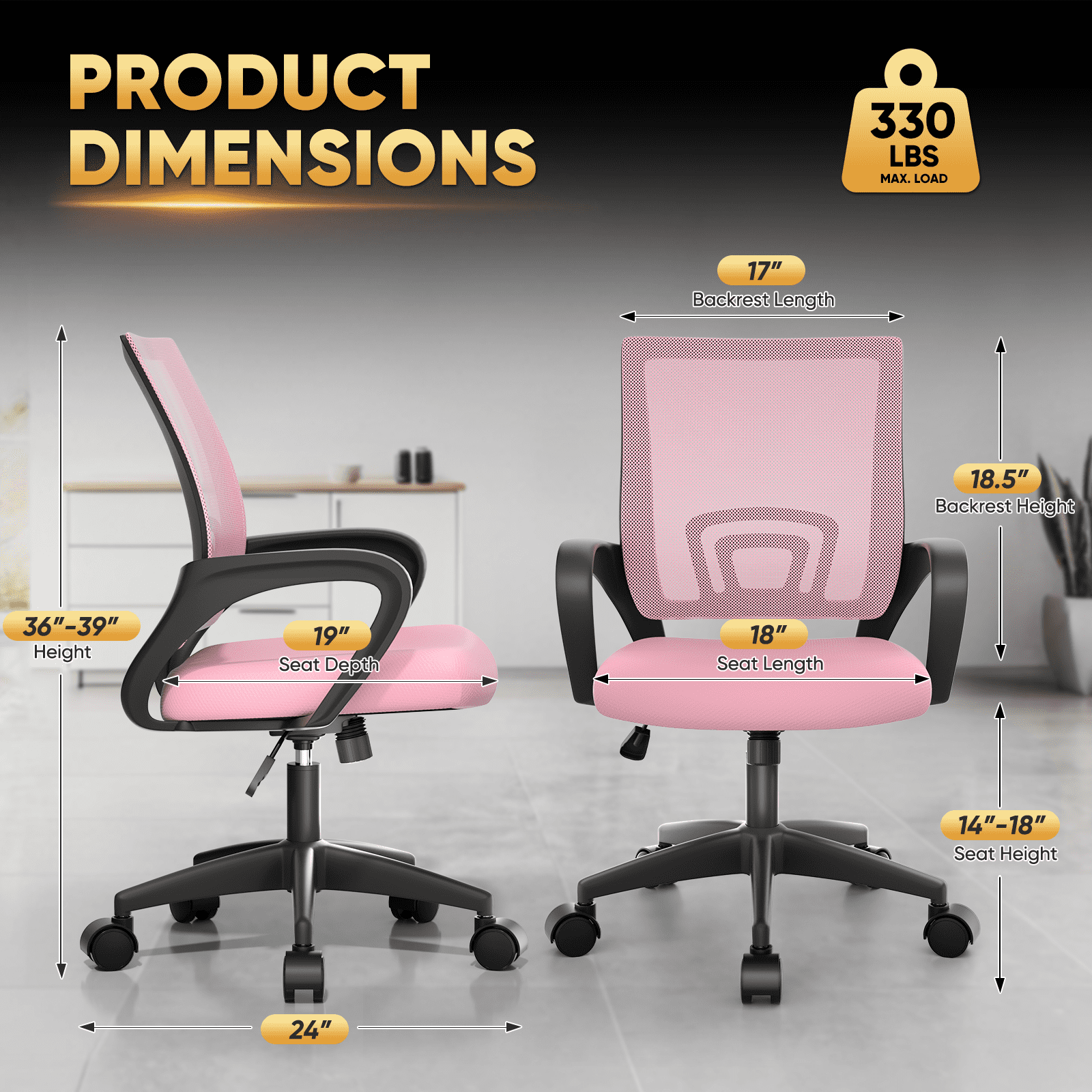 Magshion Mesh Office Chair Desk Chair, Mid Back Ergonomic Adjustable Height Rolling Swivel Computer Chair with Lumbar Support, Pink
