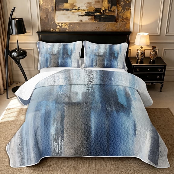 Castle Fairy Watercolor Gradient Wash Twin Quilt Set 2 Pieces,Abstract Graffiti Texture Twin Coverlet Set,Slate Blue Gray White,1 Bedspread and 1 Pillowcase