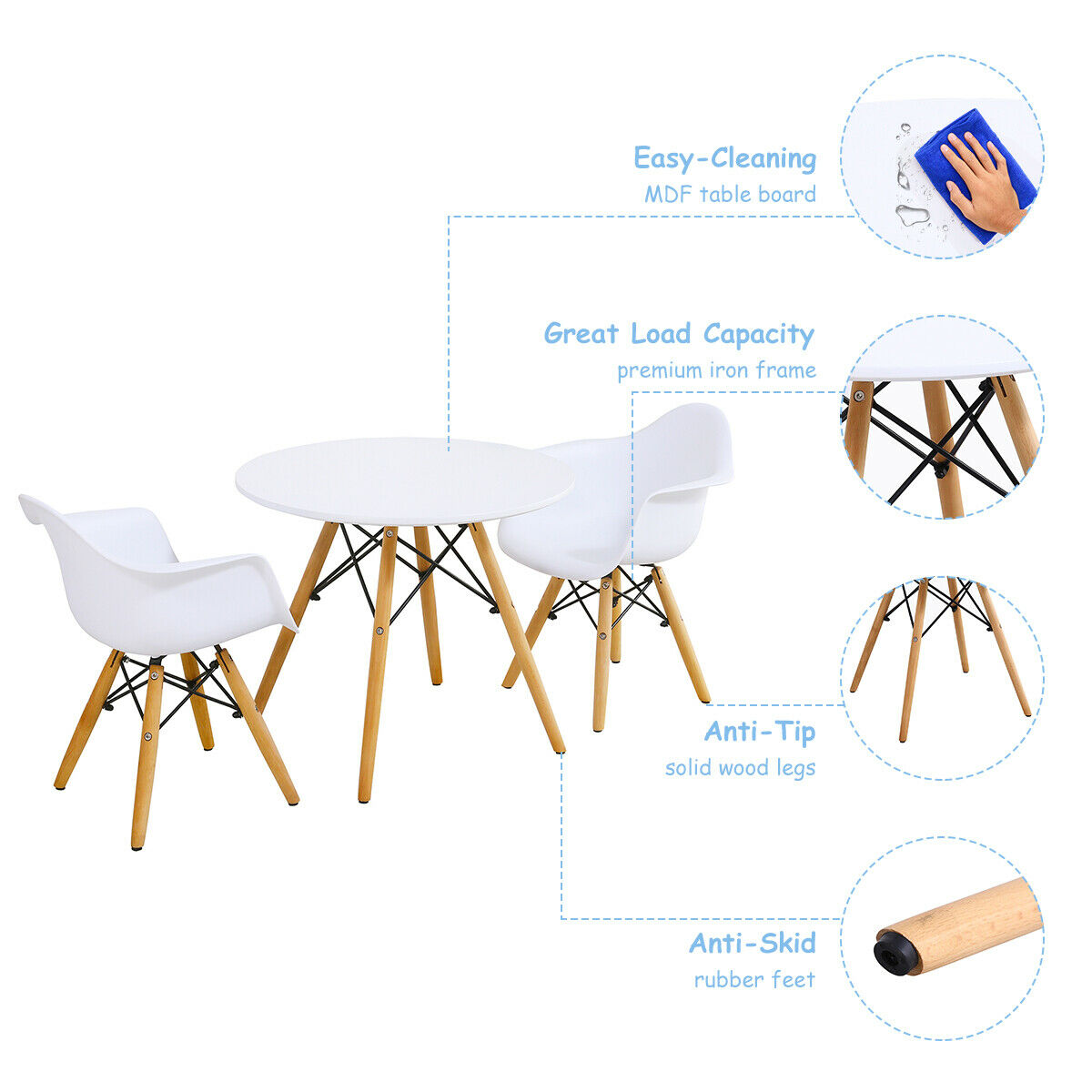 Gymax 3 Piece Kids Round Table Chair Set with 2 Arm Chairs White