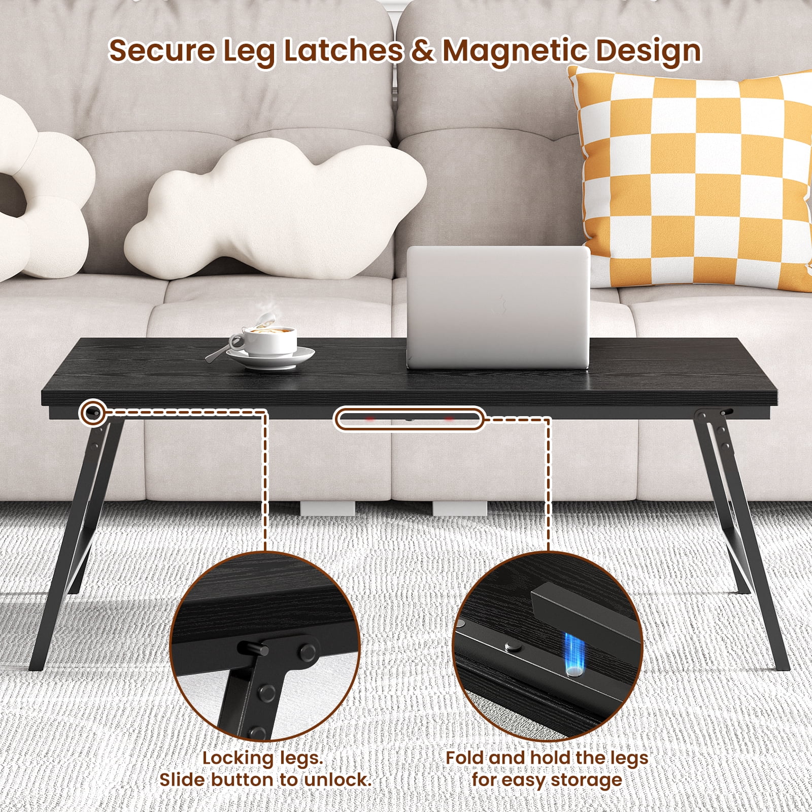 Flycity No Assembly Folding Coffee Table, Leg Latches Portable Sturdy Floor Table Desk for Sitting on the Floor, Low Coffee Table for Living Room, Home, Office, Black, 41.34"x21.65"x15.75"