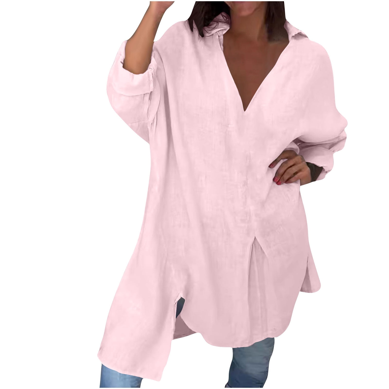 Women Cotton Linen Shirts Dress Long Sleeve Dress Shirts V-neck Blouses Beach Casual Solid Tunic Sundress