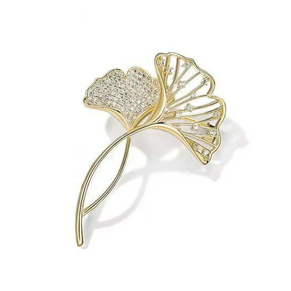 Gold Ginkgo Leaf Brooch Pin – Shiny Zircon Rhinestone Lapel Pin for Clothes, Sweaters, Shirts, Backpacks, Jewelry Accessories, Gift for Women