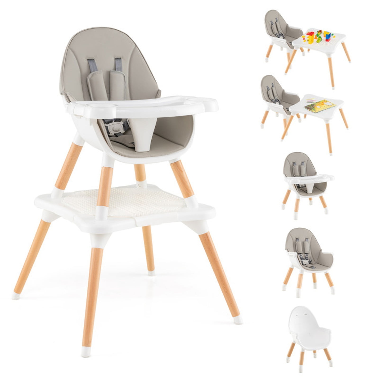 Furnibear 5 in 1 Wooden Convertible High Chair with 4 Stage Double Tray, Cup Holder, 5 Point Harness, Anti Falling Barrier, Grooved Tabletop and Solid Birch Wood Legs in Gray