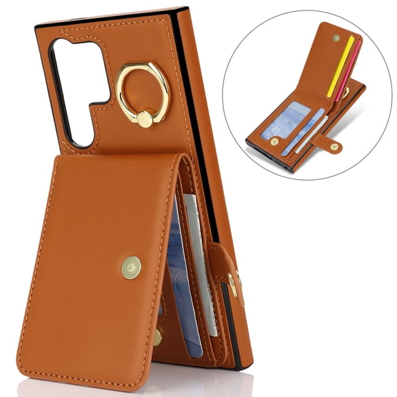 Allytechgroup Wallet Case for Samsung Galaxy S24 Ultra with Card Slots, RFID Blocking Ring Holder Kickstand Bumper Anti-Scratch Slim Phone Case Cover for Galaxy S24 Ultra, Brown