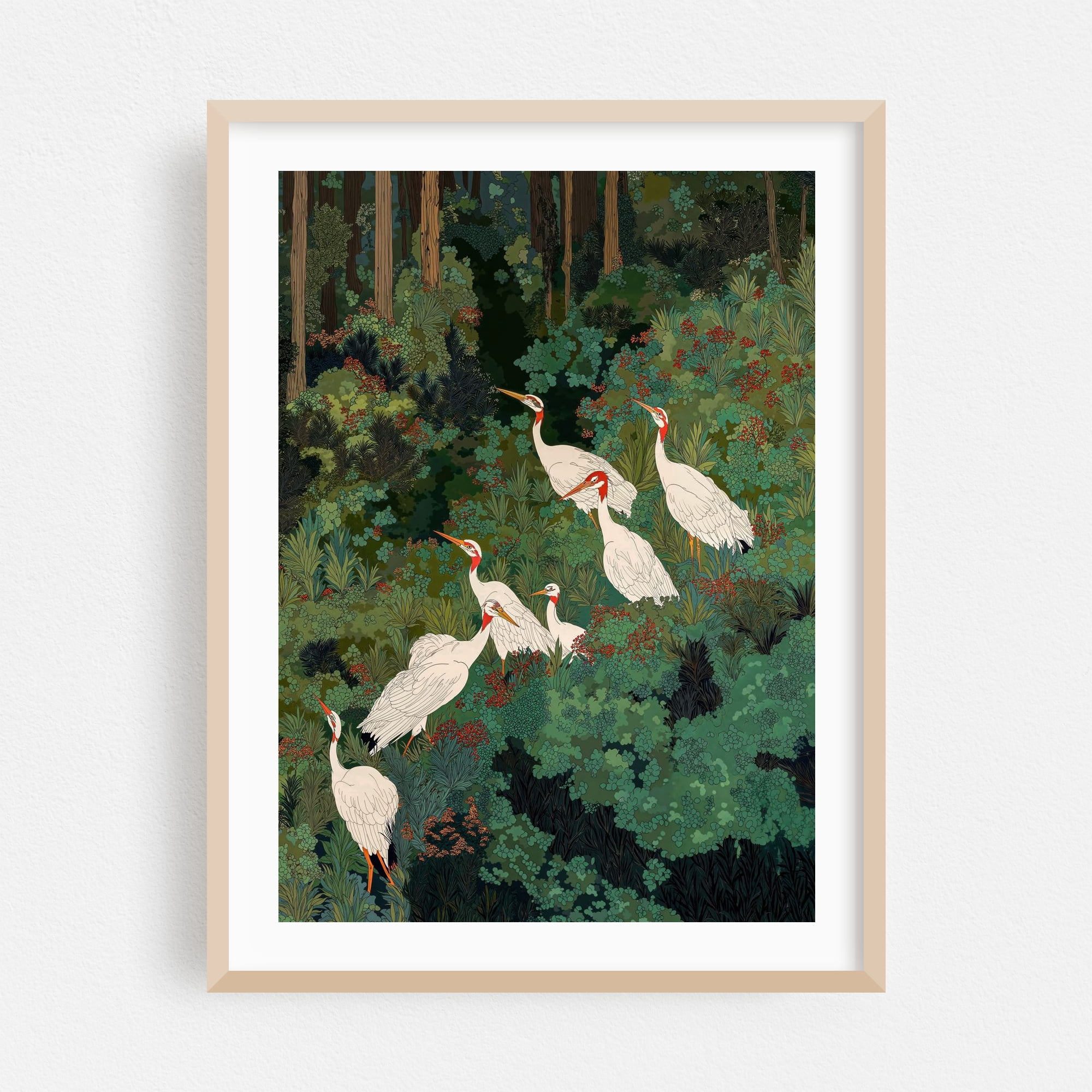 Japandi Wall Art Maximalist japanese chinoiserie Bird Wall Art wabi sabi forest Heron Painting living room poster - Japan Painting Woodland Forest Botanical Bird Unframed Wall Art Print 32 x 48 inches