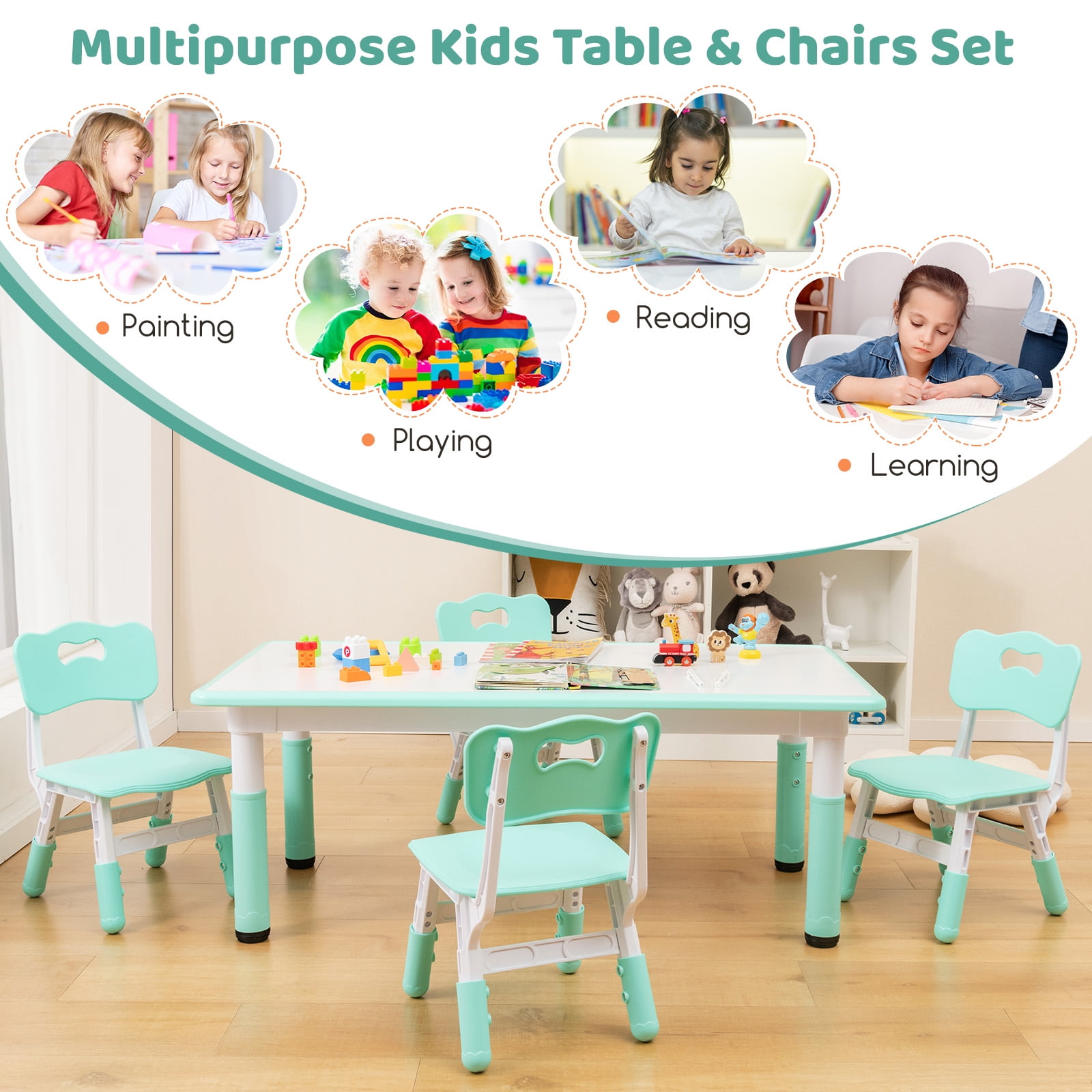 Infans Kids Height Adjustable Table and 4 Chairs Set with Graffiti Desktop Green